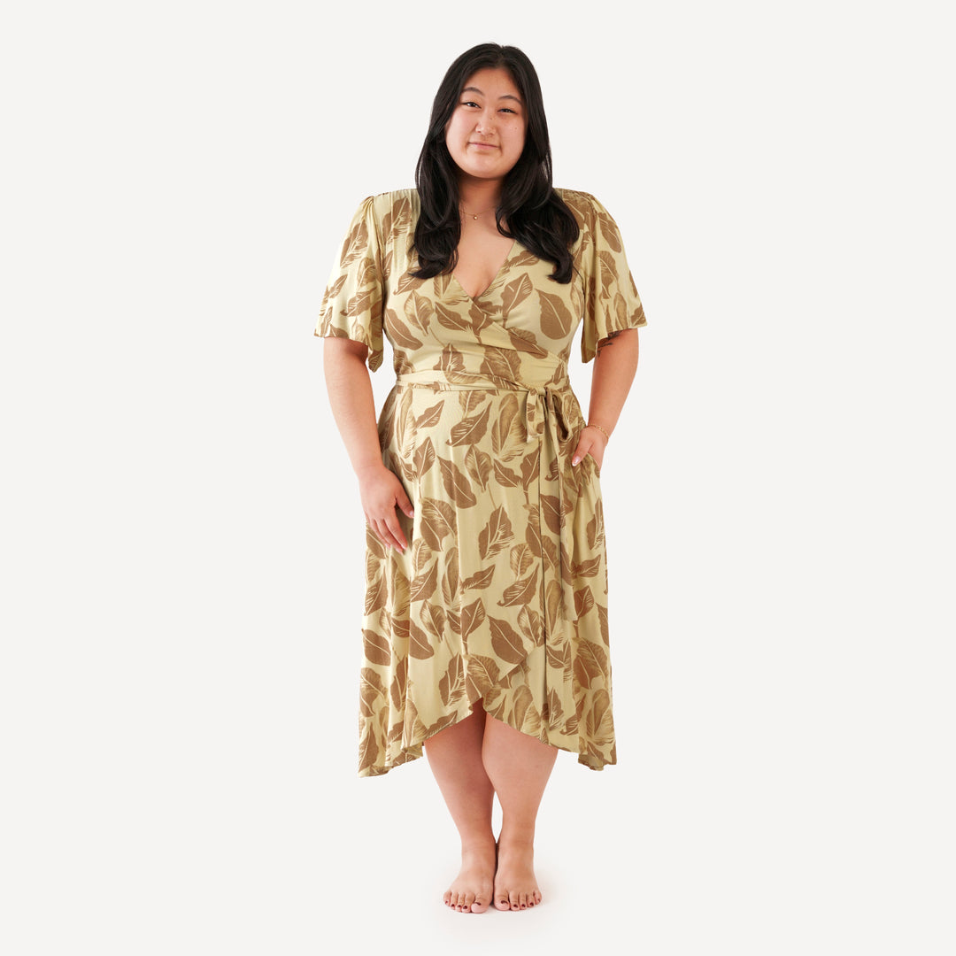 womens flutter sleeve wrap dress | porcini leaf | modal