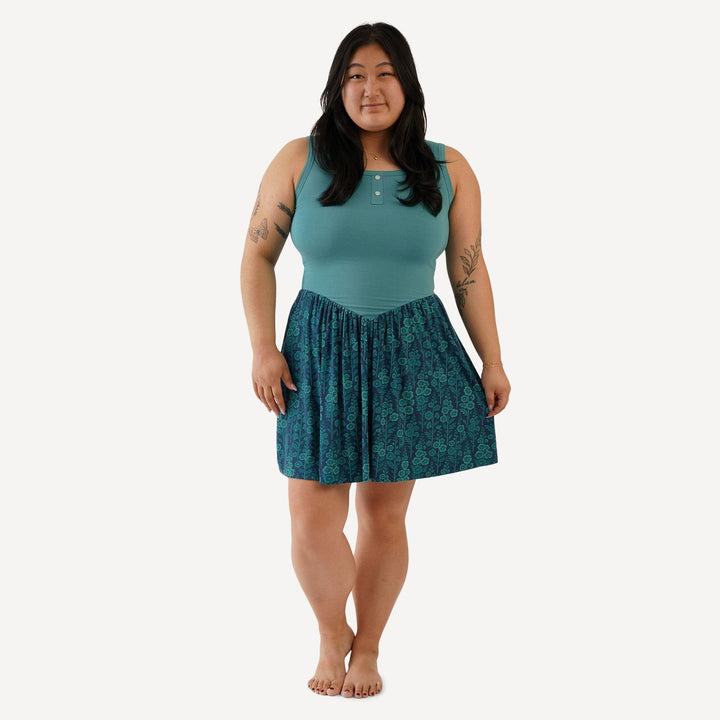womens v-waist henley dress | teal meadow | light weight bamboo