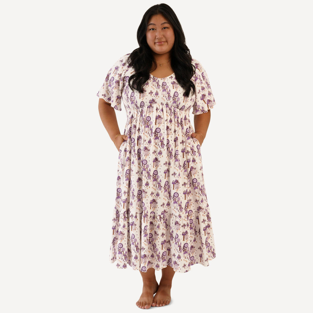 womens flutter sleeve smocked midi dress | sugar plum fairy | organic cotton flat rib