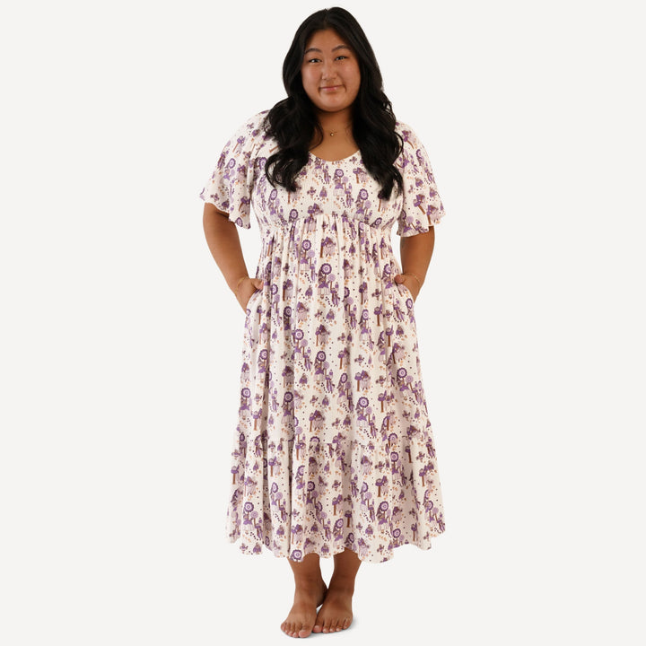womens flutter sleeve smocked midi dress | sugar plum fairy | organic cotton flat rib