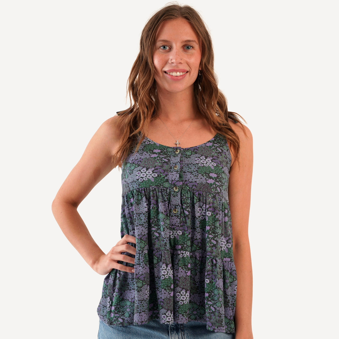 womens spaghetti tie prairie top | purple ditsy | bamboo