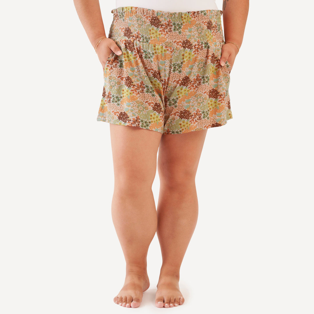womens smocked short | pink ditsy garden | bamboo