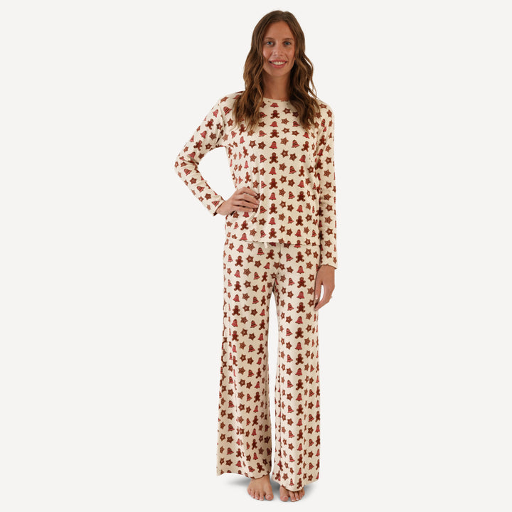 womens long sleeve crew neck pj set | gingerbread cookies | organic cotton flat rib
