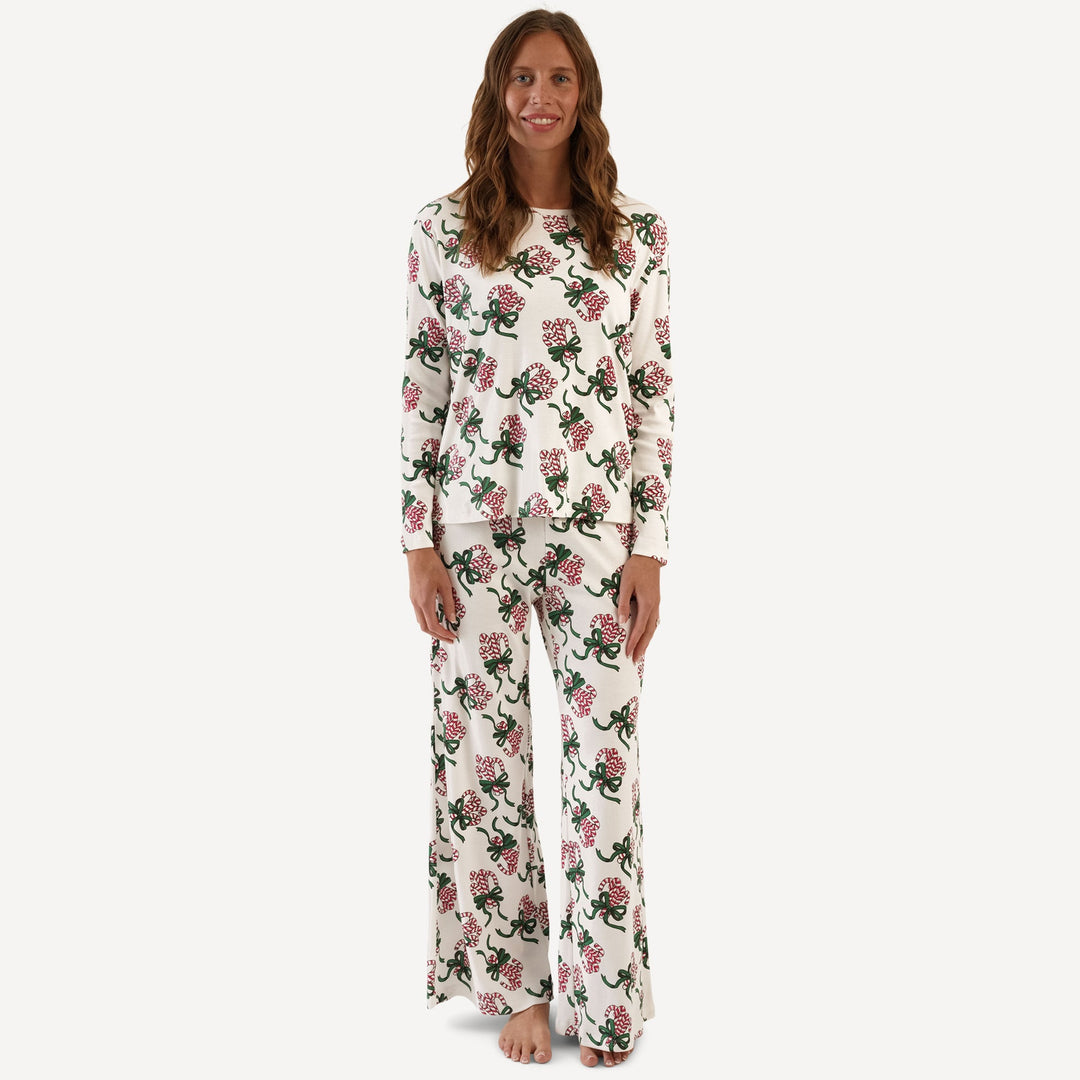 womens long sleeve crew neck pj set | candy canes | organic cotton flat rib