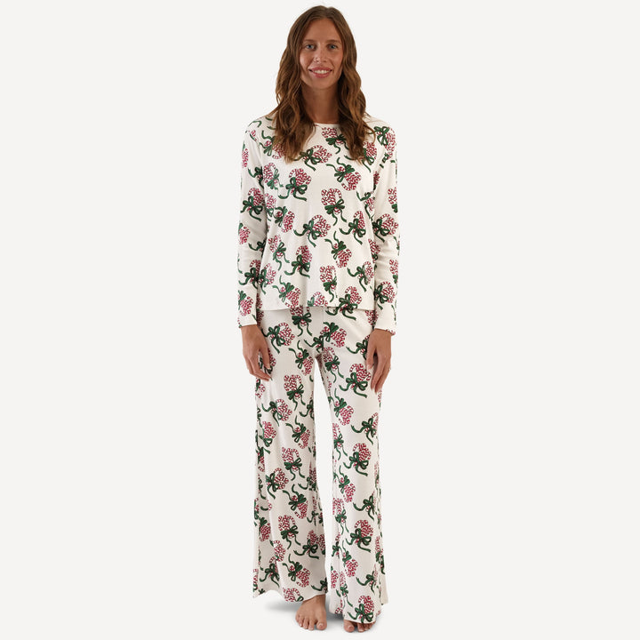 womens long sleeve crew neck pj set | candy canes | organic cotton flat rib