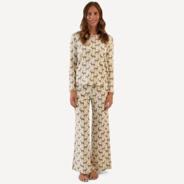 womens long sleeve crew neck pj set | coffee reindeer | organic cotton flat rib