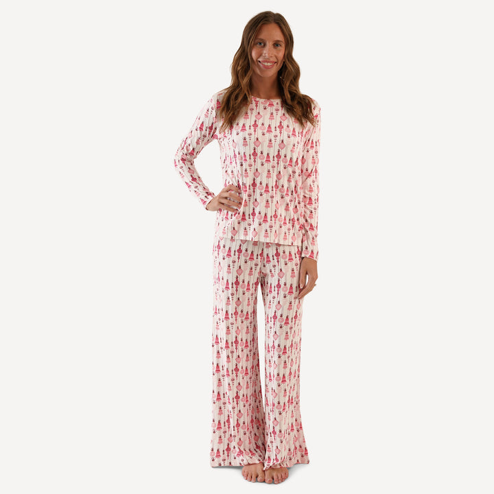 womens long sleeve crew neck pj set | pink vintage ornaments | bamboo