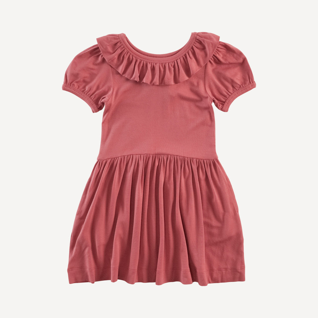 short sleeve ruffle collar twirl dress | berry | bamboo