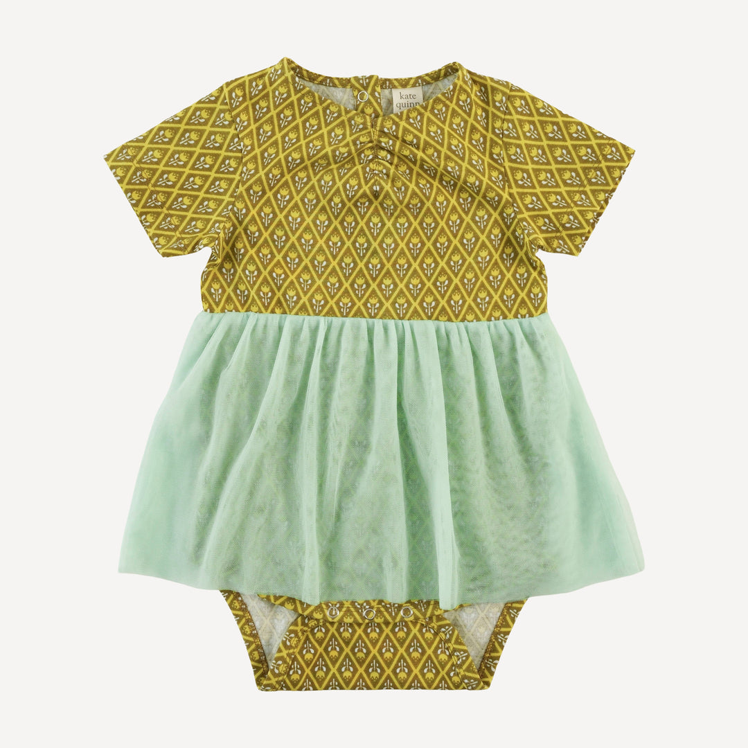 short sleeve ruched tulle skirted bodysuit | retro diamond floral | organic cotton jersey