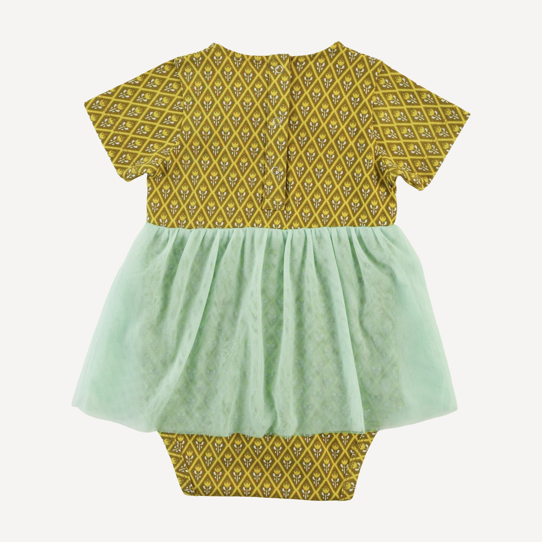 short sleeve ruched tulle skirted bodysuit | retro diamond floral | organic cotton jersey