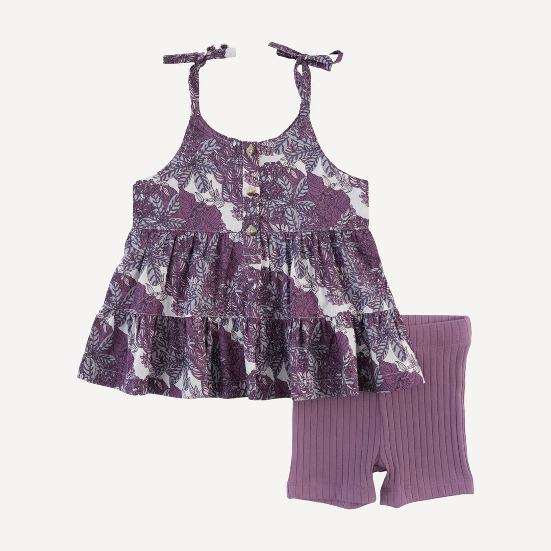 spaghetti tie prairie + bike short set | grape goldilocks floral | organic cotton woven