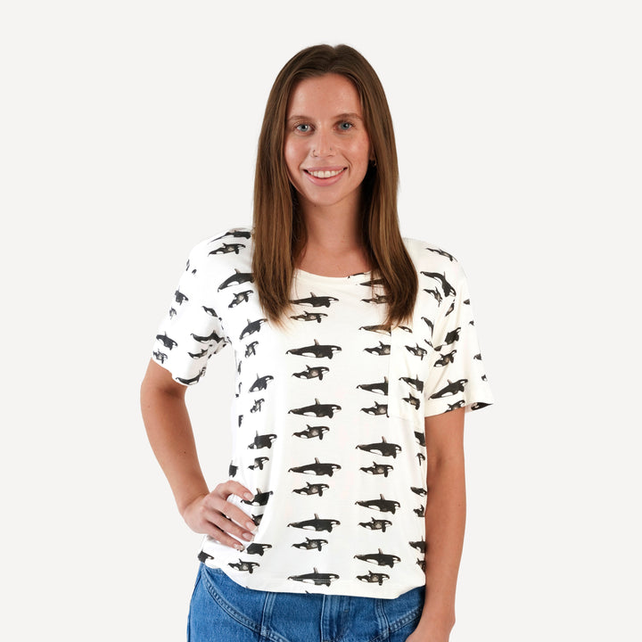 womens short sleeve pocket boxy tee | orcas | bamboo