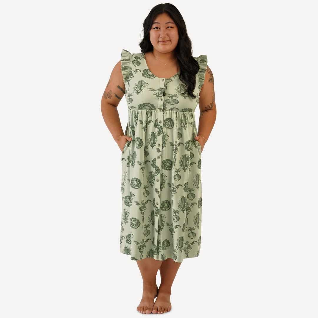 womens flutter sleeve v-neck pocket button dress | green veggies | organic cotton interlock