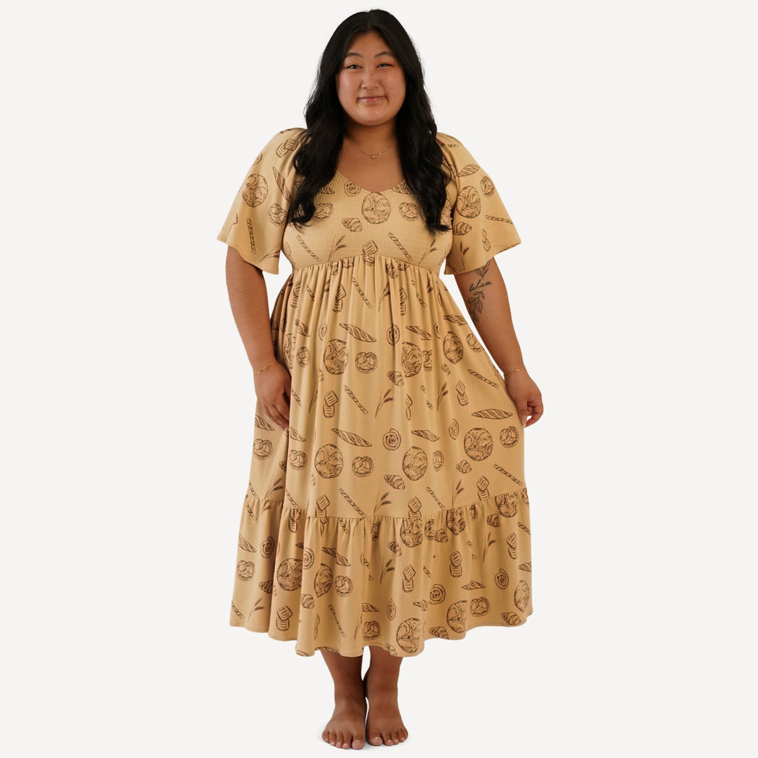 womens flutter sleeve smocked midi dress | cinnamon bread | organic cotton interlock
