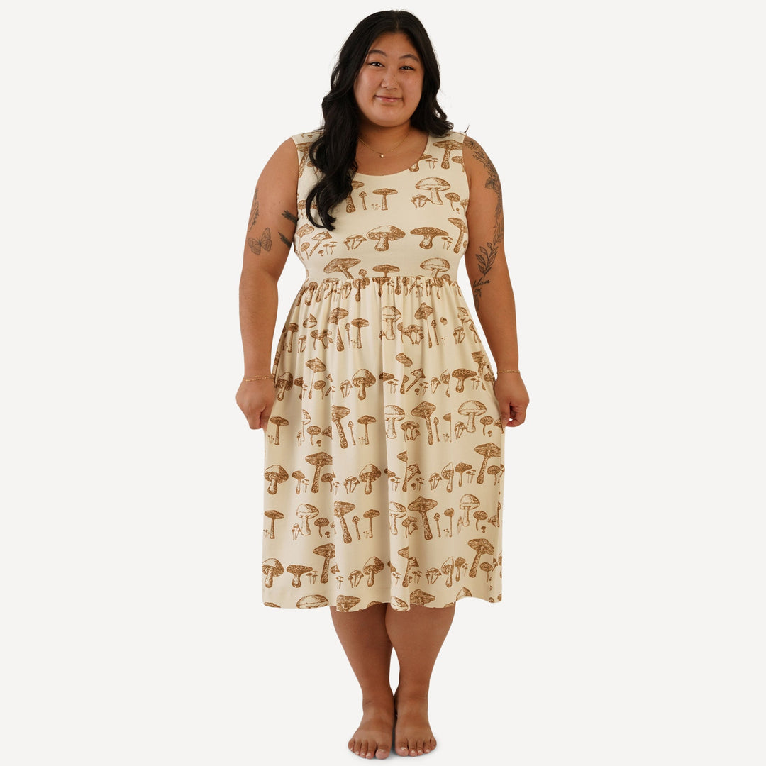 womens sleeveless scoop neck gathered dress | wild mushroom | organic cotton interlock