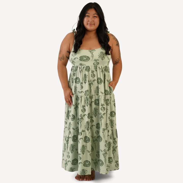 womens spaghetti tie prairie dress | green veggies | organic cotton interlock
