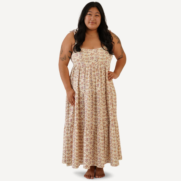 womens spaghetti tie prairie dress | ditsy bouquet | organic cotton interlock