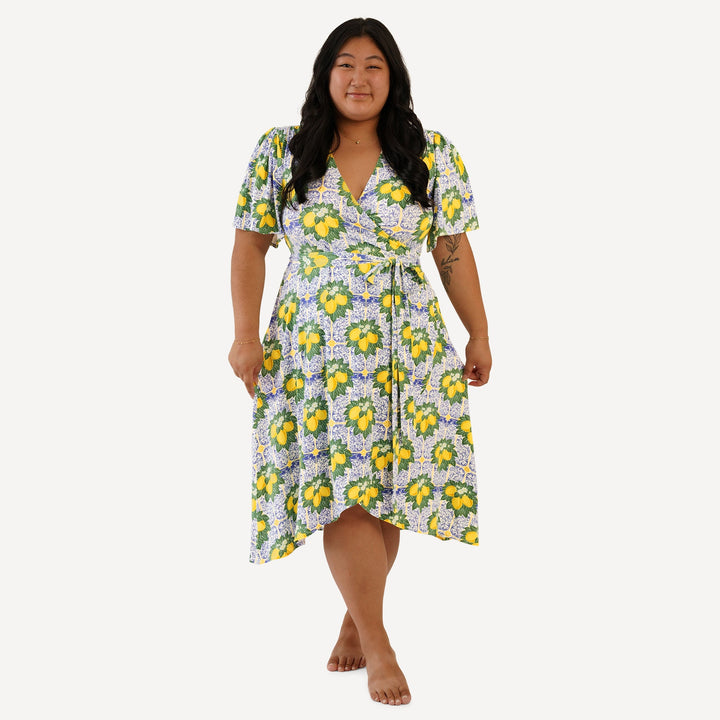 womens midi flutter sleeve wrap dress | lemons | bamboo