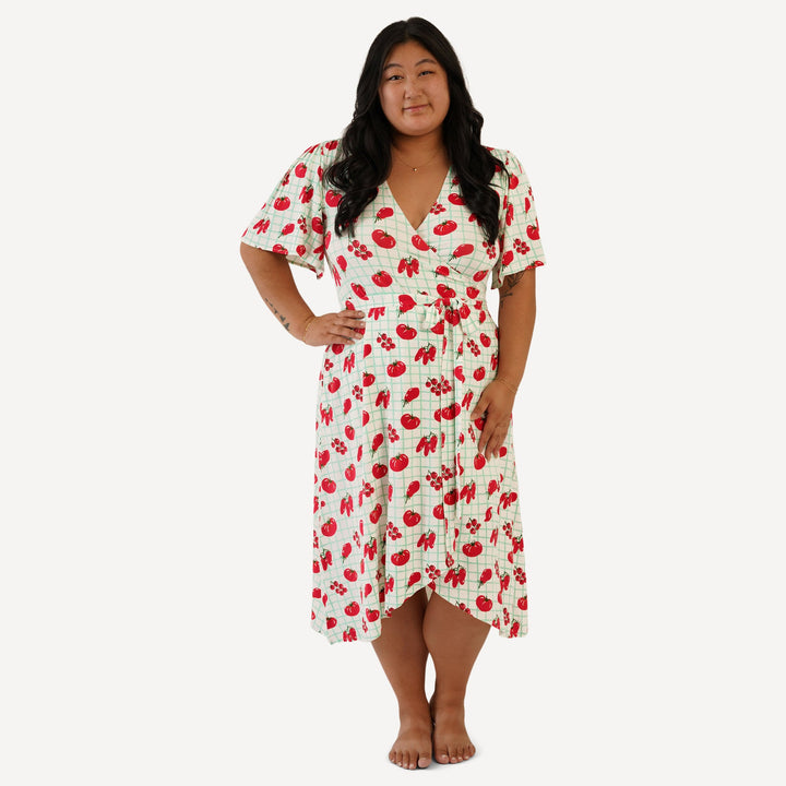 womens midi flutter sleeve wrap dress | pomadoro | bamboo