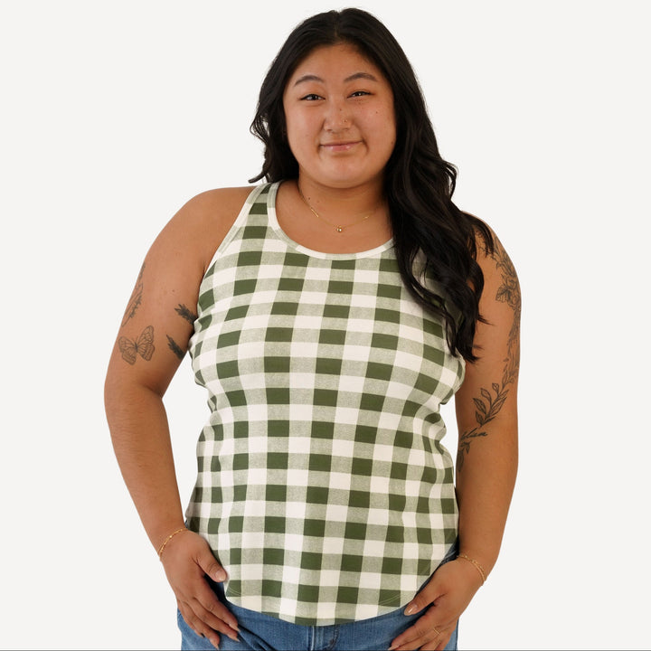 womens tank | green gingham | organic cotton interlock