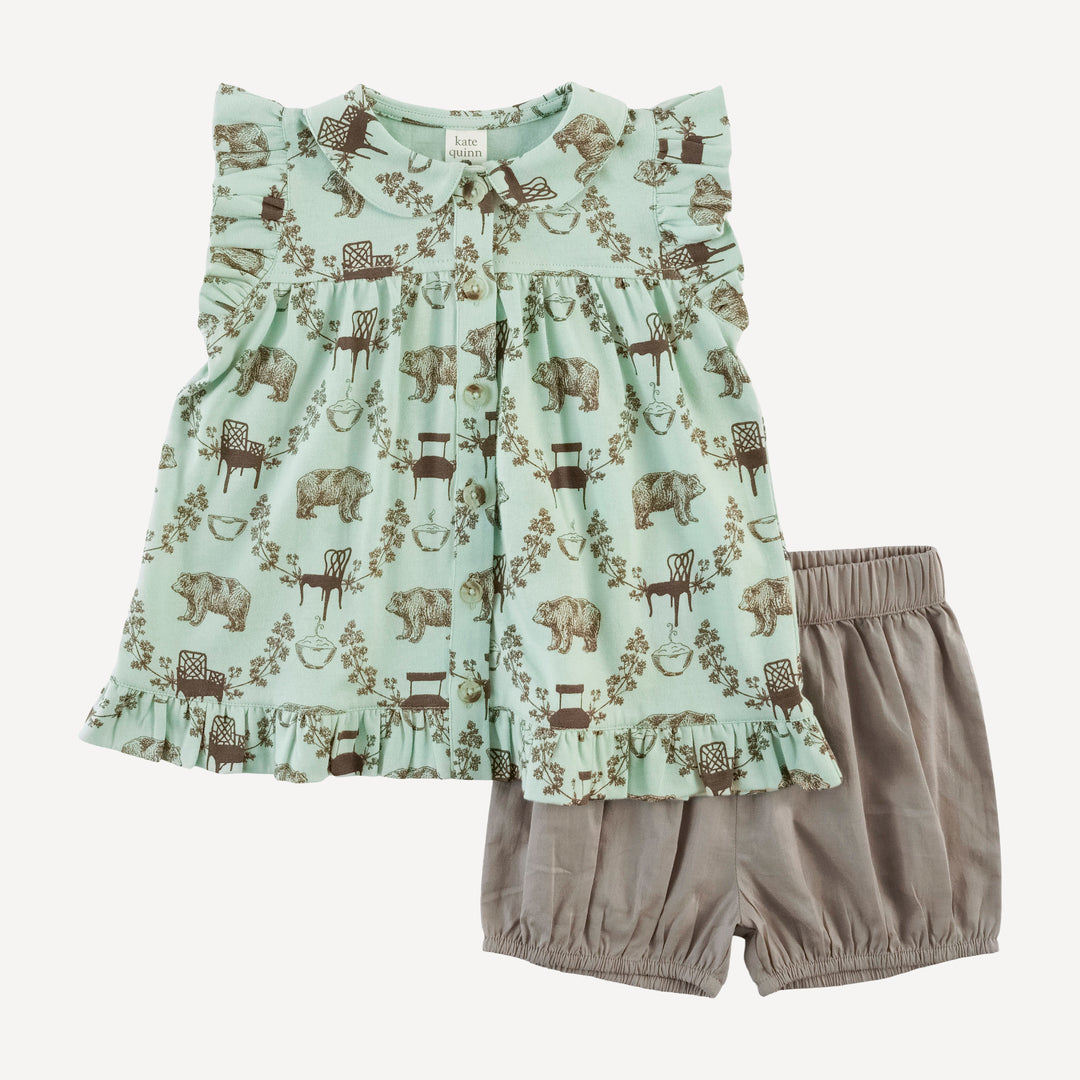 sleeveless peter pan button ruffle top + bloomer set | bears + chairs | organic cotton jersey