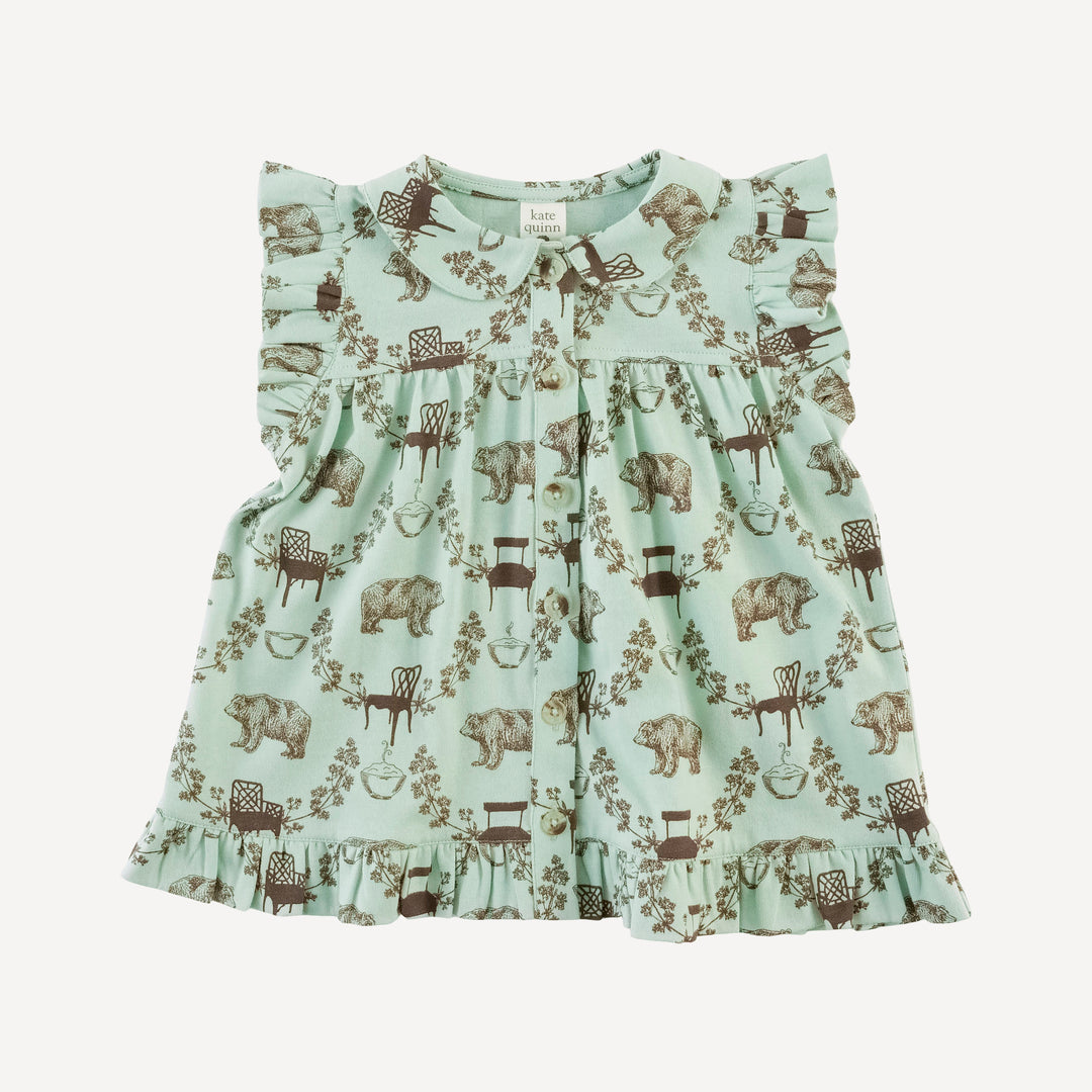 sleeveless peter pan button ruffle top + bloomer set | bears + chairs | organic cotton jersey