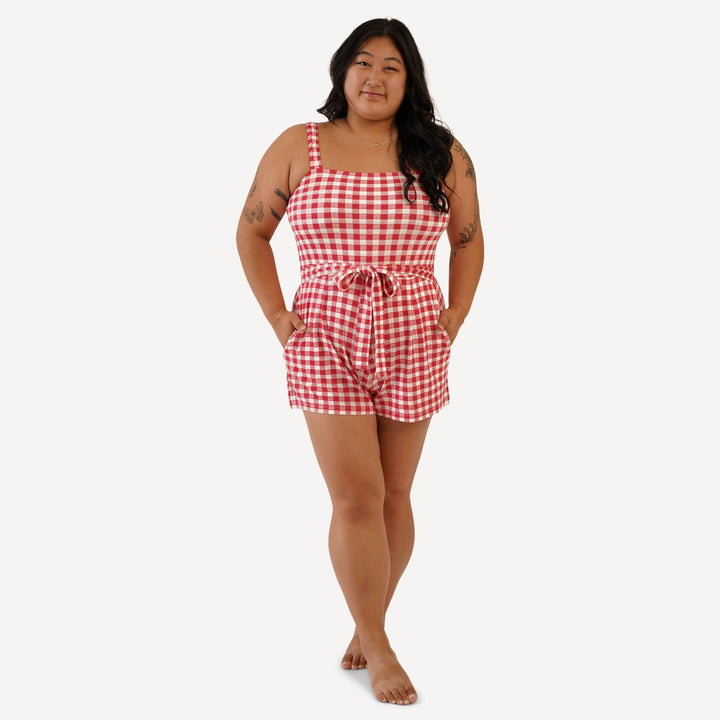 womens retro tie short jumpsuit | red checked tablecloth | bamboo
