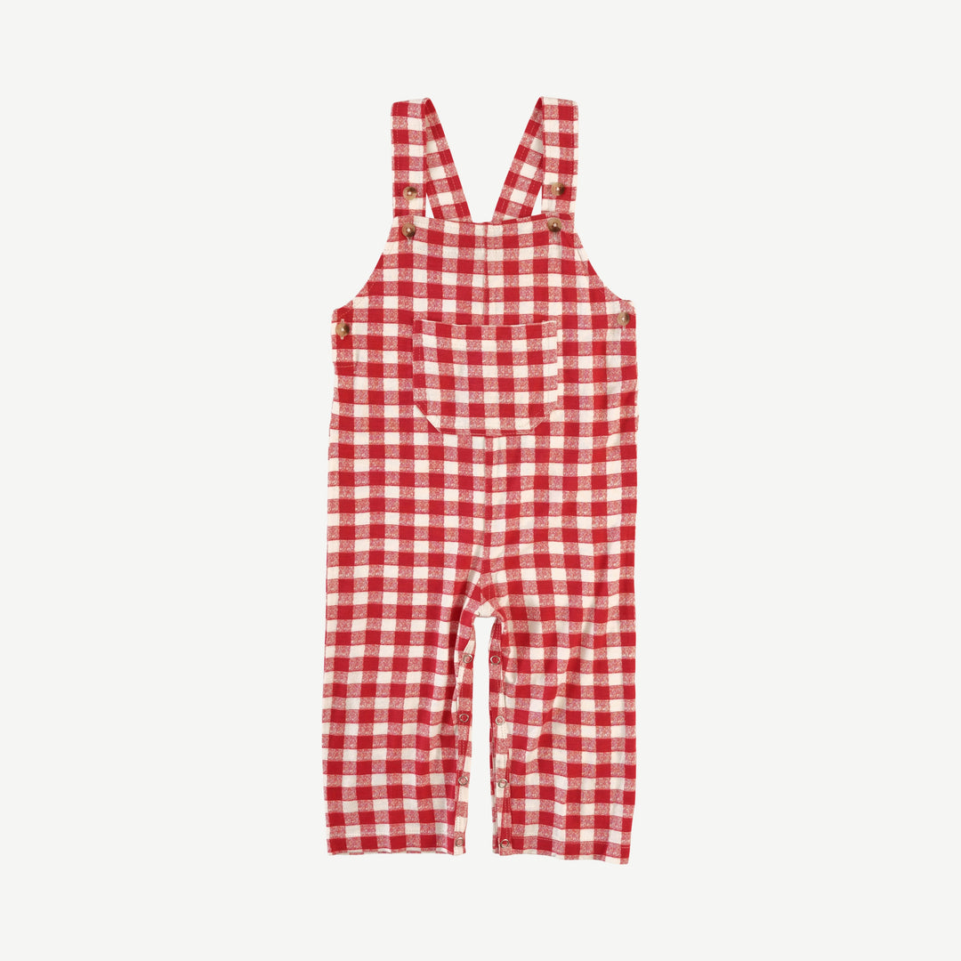 patch pocket overall | red checked tablecloth | bamboo
