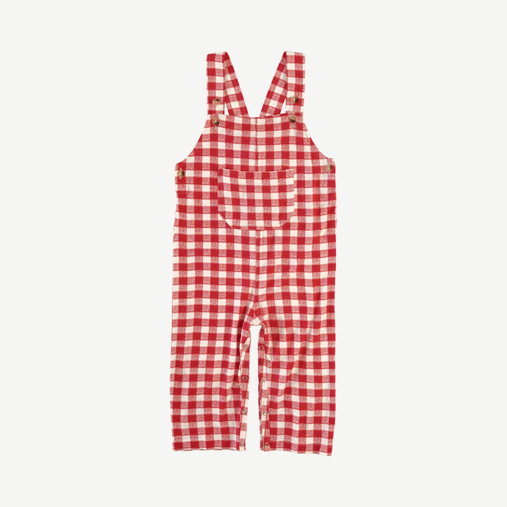 patch pocket overall | red checked tablecloth | bamboo