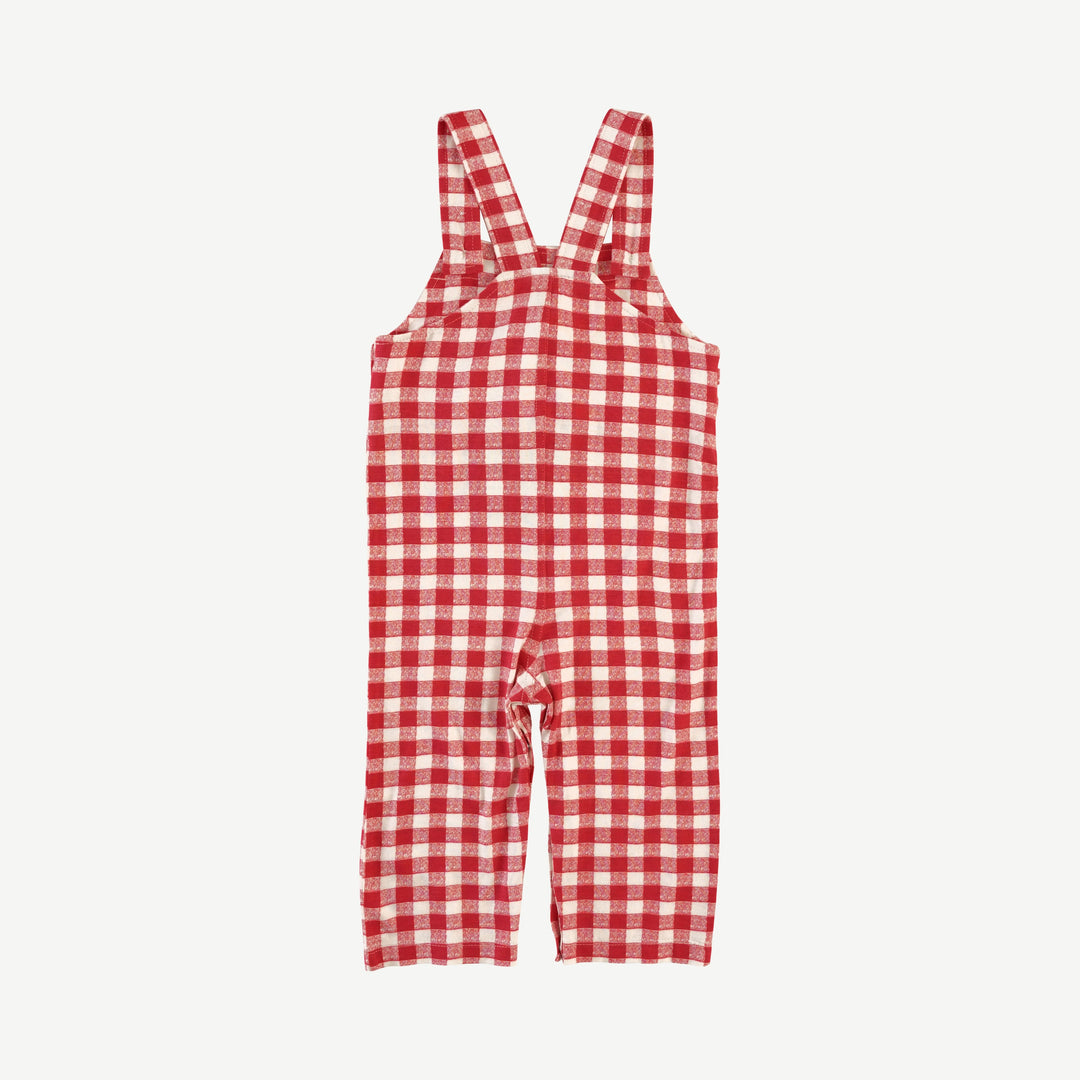 patch pocket overall | red checked tablecloth | bamboo