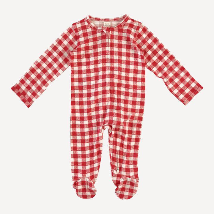 long sleeve two way zipper footie | red checked tablecloth | bamboo
