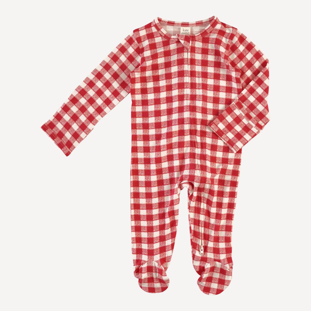 long sleeve two way zipper footie | red checked tablecloth | bamboo