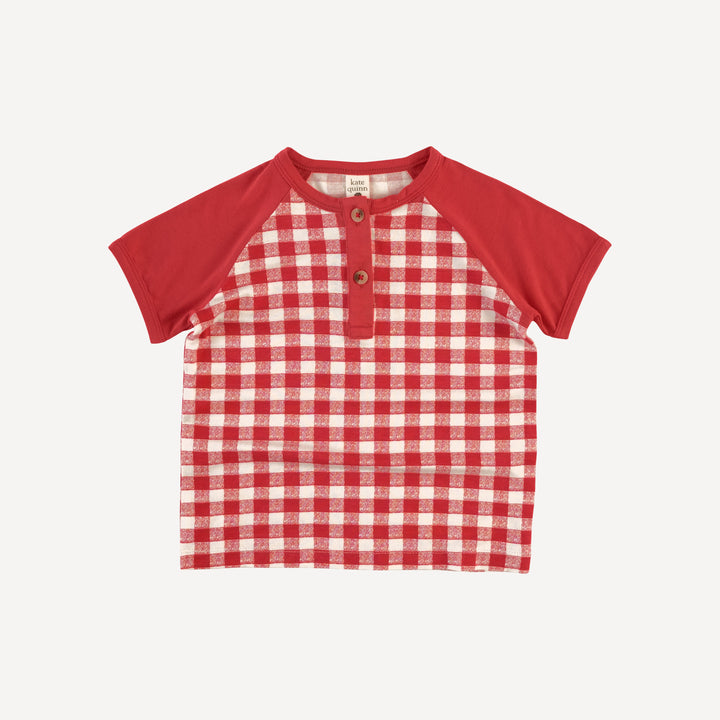 short sleeve baseball henley tee | red checked tablecloth | bamboo