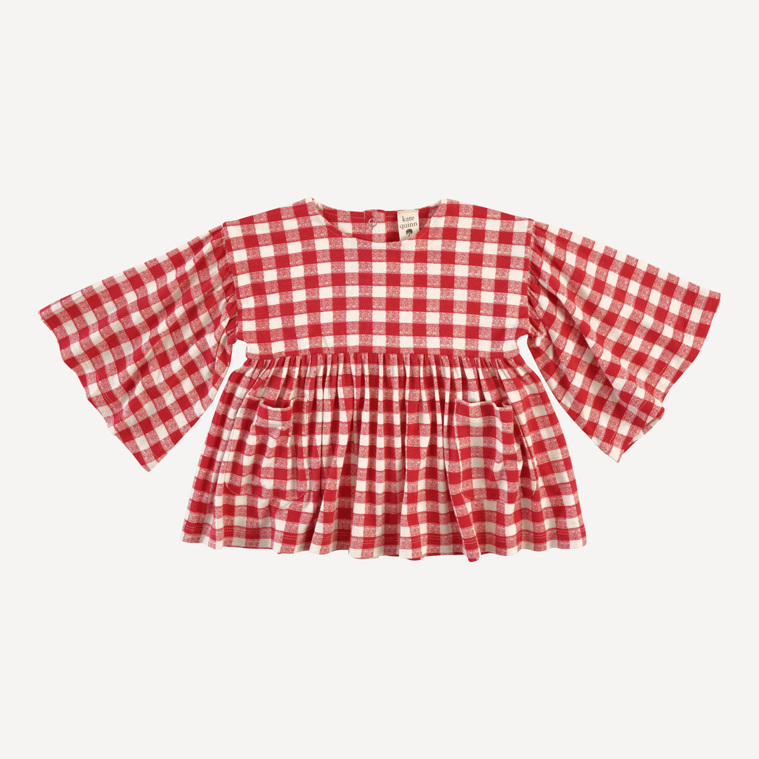 bell sleeve gathered tunic | red checked tablecloth | bamboo