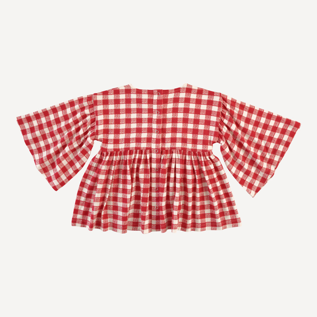 bell sleeve gathered tunic | red checked tablecloth | bamboo