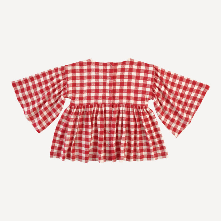 bell sleeve gathered tunic | red checked tablecloth | bamboo
