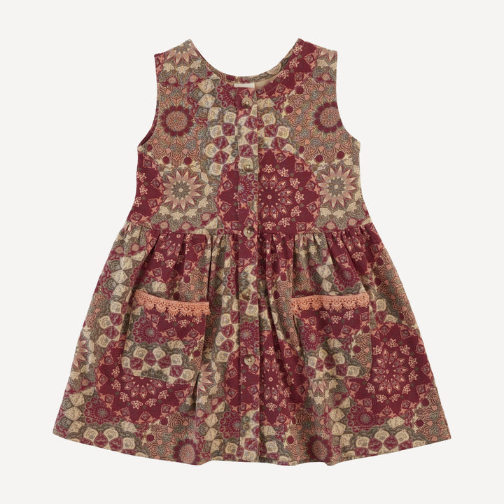 pinafore apron button pocket dress | earthen mandala | organic cotton jersey