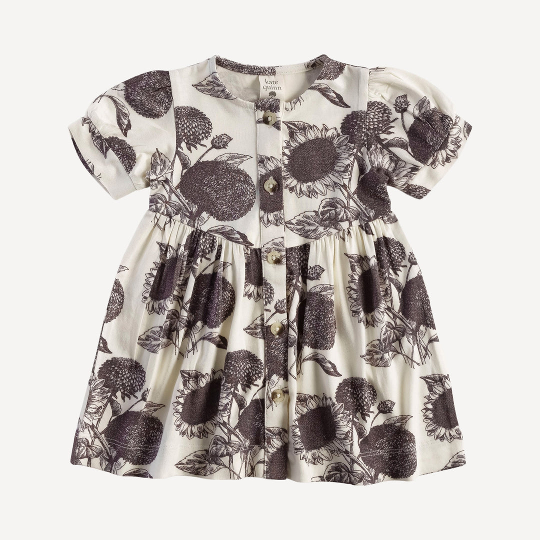 short sleeve button front v-waist dress | raisin sunflower | organic cotton interlock
