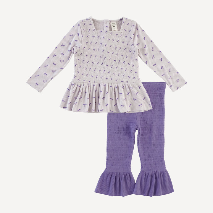 long sleeve smocked ruffle top + pant set | tiny dragonfly | modal skinny rib