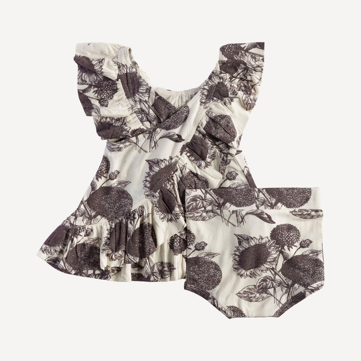 ruffle pinafore dress + bloomer set | raisin sunflower | organic cotton interlock
