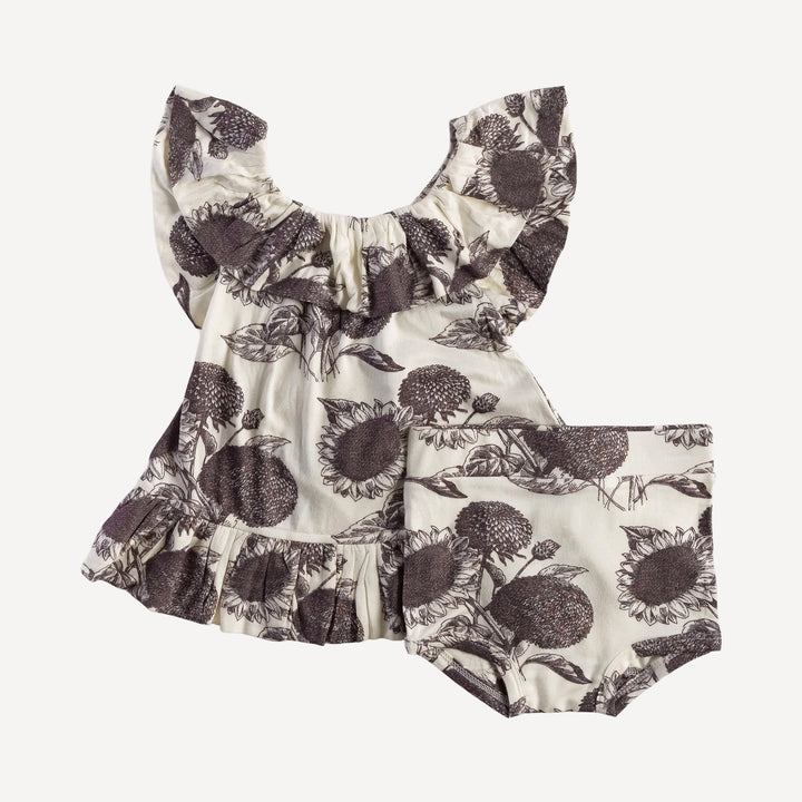 ruffle pinafore dress + bloomer set | raisin sunflower | organic cotton interlock