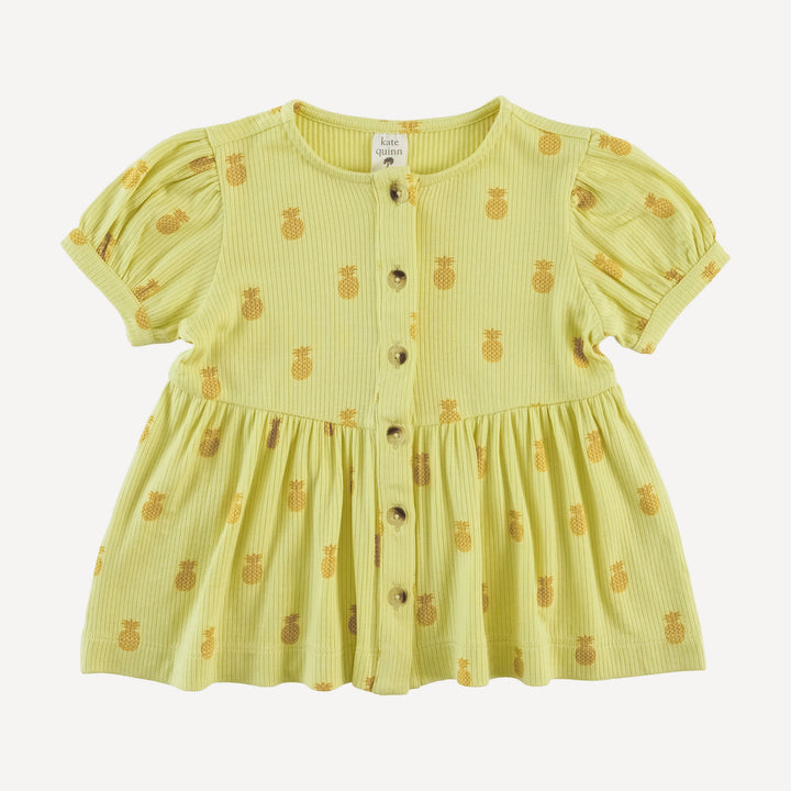 short sleeve button front v-waist top | tiny pineapple | modal skinny rib
