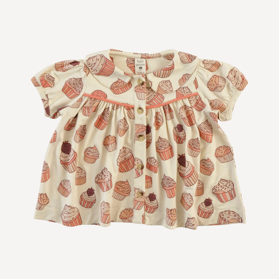 short sleeve piped gathered top | strawberry cupcake | bamboo