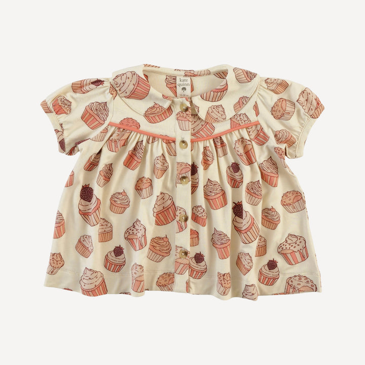 short sleeve piped gathered top | strawberry cupcake | bamboo