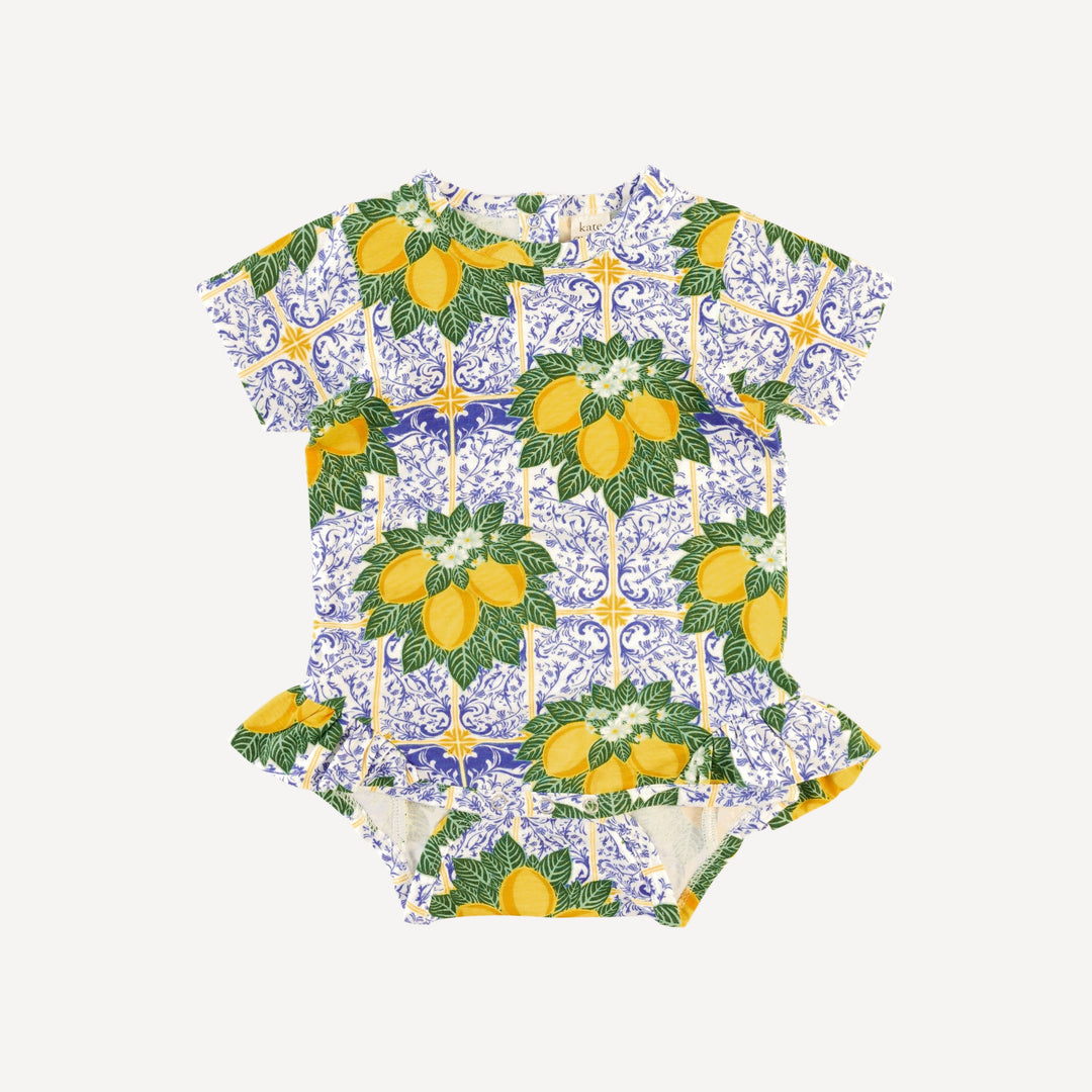 short sleeve ruffle leg bodysuit | lemons | bamboo