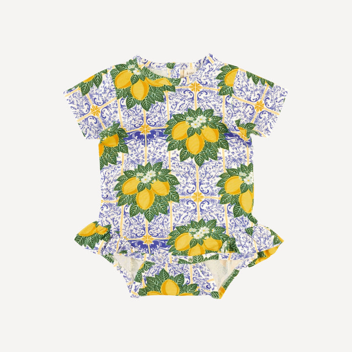 short sleeve ruffle leg bodysuit | lemons | bamboo