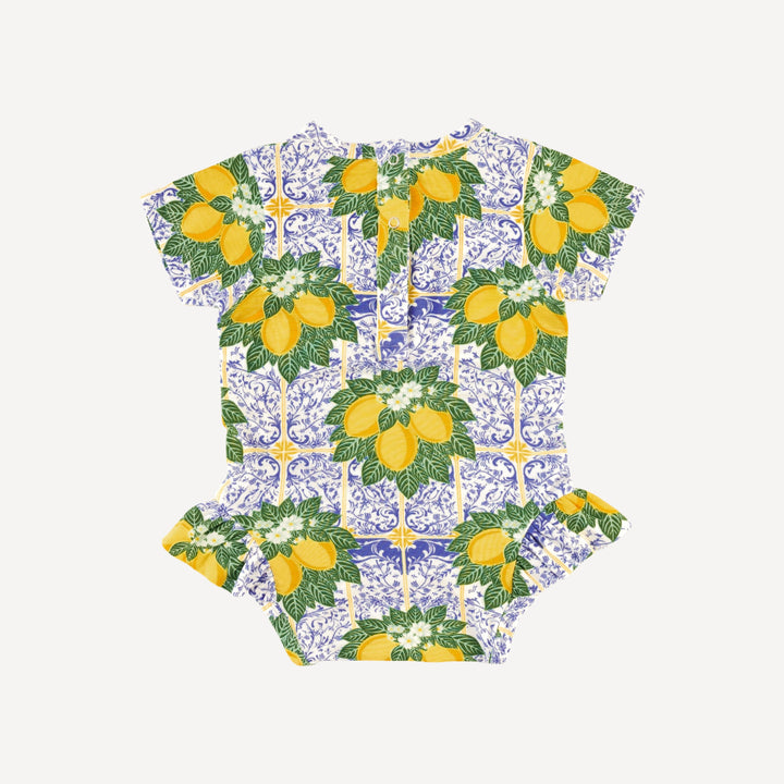 short sleeve ruffle leg bodysuit | lemons | bamboo