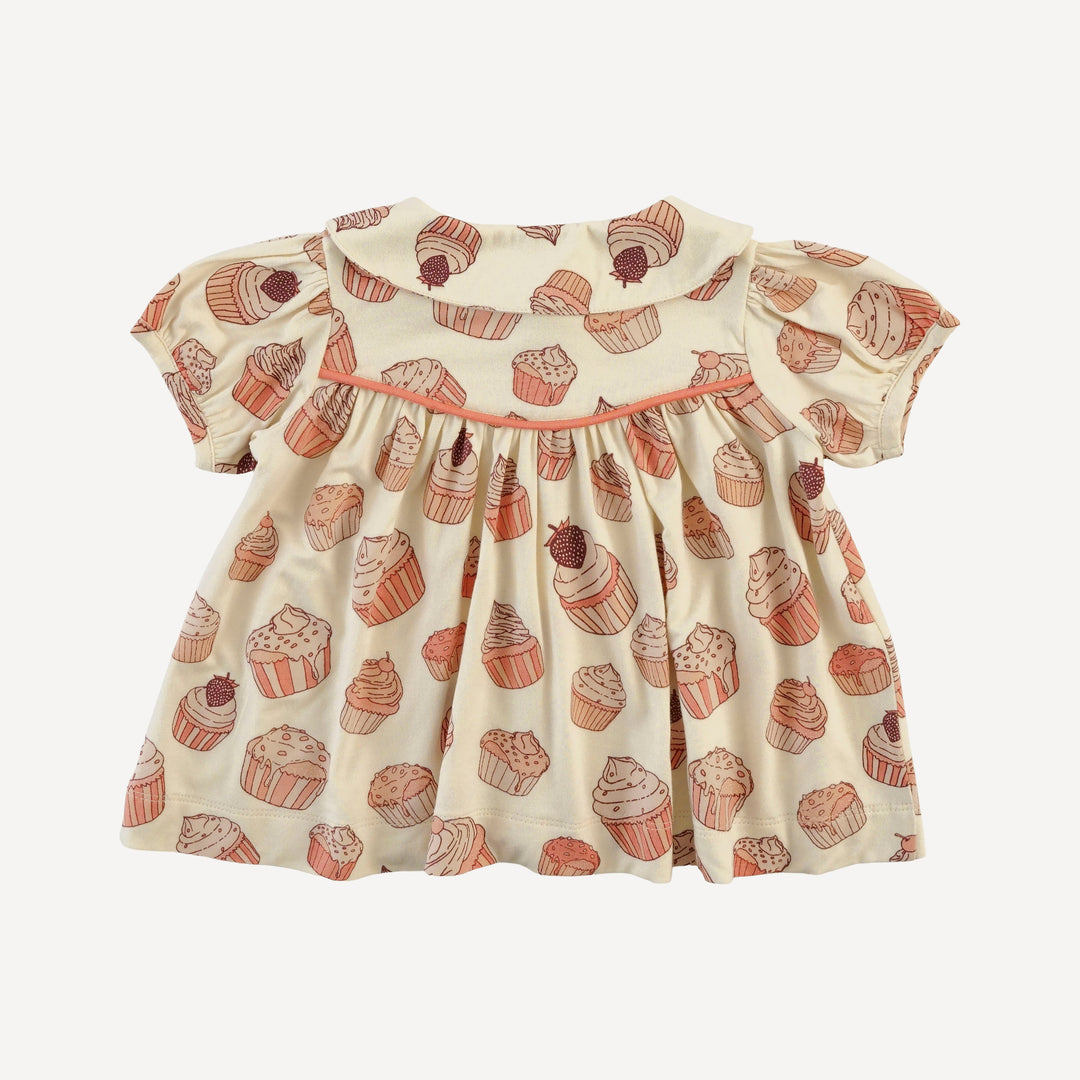 short sleeve piped gathered top | strawberry cupcake | bamboo