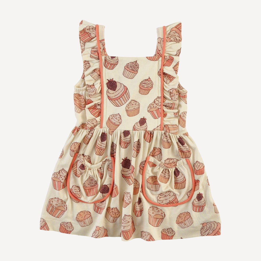 piped flutter pinafore pocket dress | strawberry cupcake | bamboo