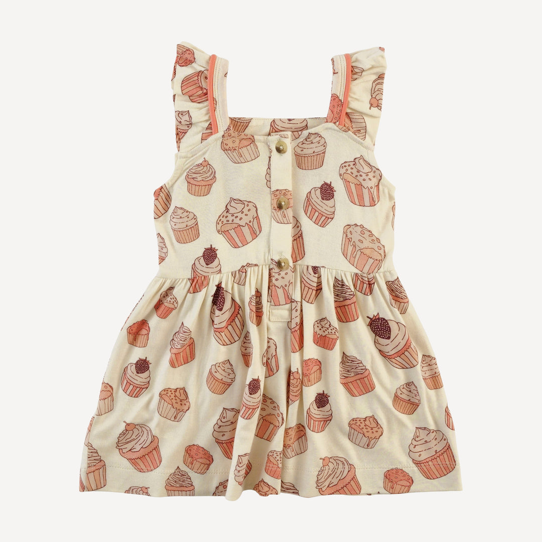 piped flutter pinafore pocket dress | strawberry cupcake | bamboo